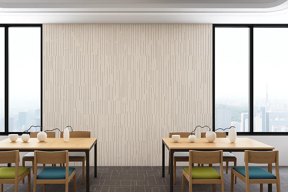Light Arctic Slate cork wall covering in a restaurant space, modern acoustic panels with natural sound absorption.