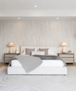 Bedroom feature wall finished with Arctic Slate cork panels, durable eco-friendly material with sound dampening benefits.