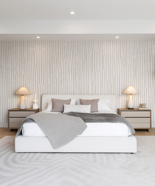Bedroom feature wall finished with Arctic Slate cork panels, durable eco-friendly material with sound dampening benefits.