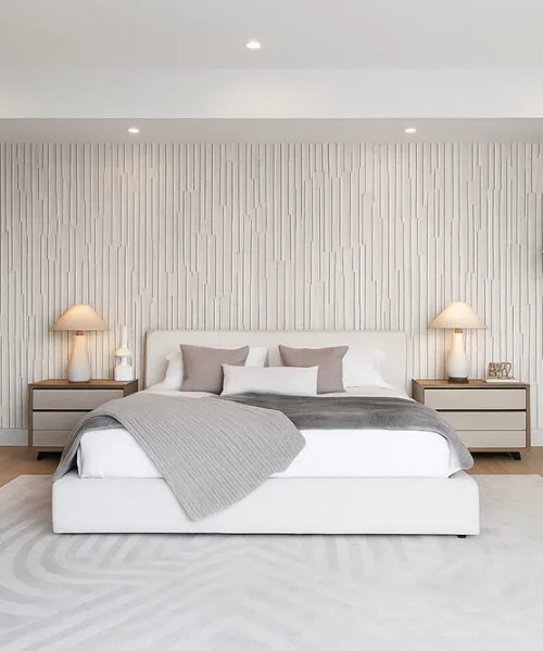 Arctic Slate - 1/2" (12mm) - Cork Wall Tile (WArcSlt12) Bedroom feature wall finished with Arctic Slate cork panels, durable eco-friendly material with sound dampening benefits.