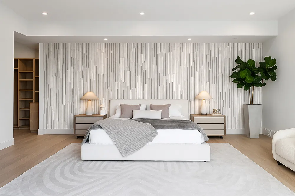 Bedroom feature wall finished with Arctic Slate cork panels, durable eco-friendly material with sound dampening benefits.
