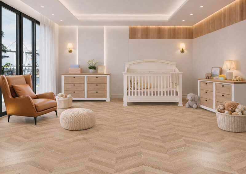 Baby nursery with soft cork flooring creating a safe and comfortable space for crawling and play.