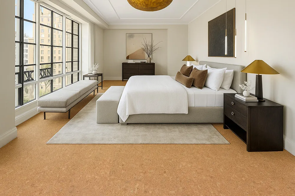 Autumn Leaves - 1/2" (12mm) - Cork Floating (FAL12) Modern bedroom with Autumn Leaves 12mm cork flooring, warm natural tones, and large windows providing bright daylight.