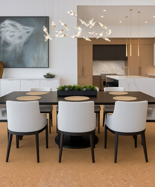 Autumn Leaves - 1/2" (12mm) - Cork Floating (FAL12) Spacious dining room with black dining table and Autumn Leaves natural cork flooring 12mm throughout.