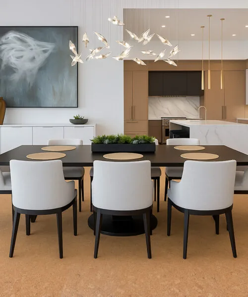 Autumn Leaves - 1/2" (12mm) - Cork Floating (FAL12) Spacious dining room with black dining table and Autumn Leaves natural cork flooring 12mm throughout.
