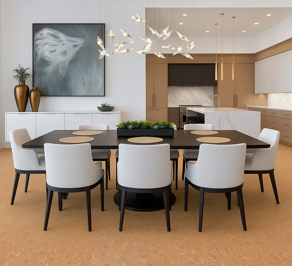 Autumn Leaves - 1/2" (12mm) - Cork Floating (FAL12) Spacious dining room with black dining table and Autumn Leaves natural cork flooring 12mm throughout.