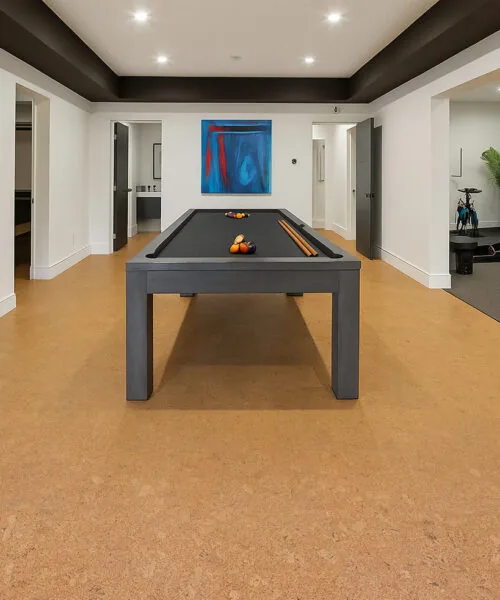 Autumn Leaves - 1/2" (12mm) - Cork Floating (FAL12) Basement game room showcasing Autumn Leaves 12mm cork flooring with pool table and recessed ceiling lighting.