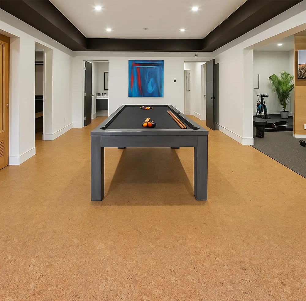 Autumn Leaves - 1/2" (12mm) - Cork Floating (FAL12) Basement game room showcasing Autumn Leaves 12mm cork flooring with pool table and recessed ceiling lighting.