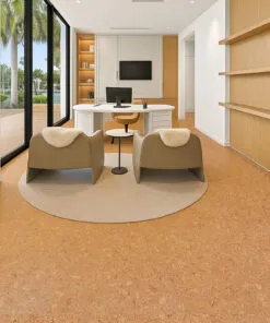Contemporary home office featuring Autumn Leaves cork floating flooring 12mm with floor-to-ceiling glass and minimalist furniture.