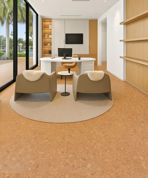 Contemporary home office featuring Autumn Leaves cork floating flooring 12mm with floor-to-ceiling glass and minimalist furniture.