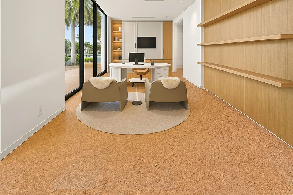 Autumn Leaves - 1/2" (12mm) - Cork Floating (FAL12) Contemporary home office featuring Autumn Leaves cork floating flooring 12mm with floor-to-ceiling glass and minimalist furniture.