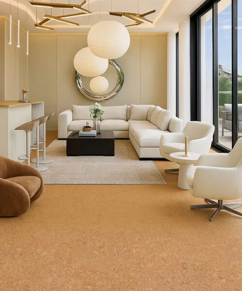 Autumn Leaves - 1/2" (12mm) - Cork Floating (FAL12) Elegant living room with Autumn Leaves natural cork flooring 12mm, white sectional sofa, and panoramic window views.
