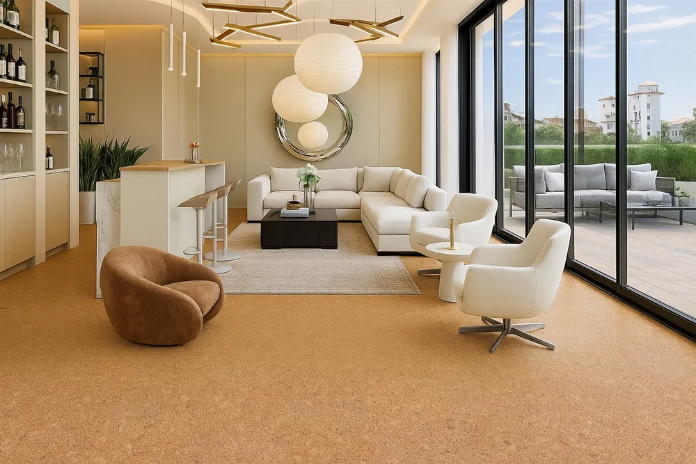 Autumn Leaves - 1/2" (12mm) - Cork Floating (FAL12) Elegant living room with Autumn Leaves natural cork flooring 12mm, white sectional sofa, and panoramic window views.