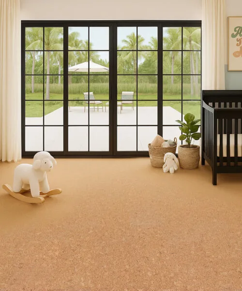 Autumn Leaves - 1/2" (12mm) - Cork Floating (FAL12) Nursery room with gentle décor and Autumn Leaves cork flooring 12mm, providing a soft and safe surface for children.