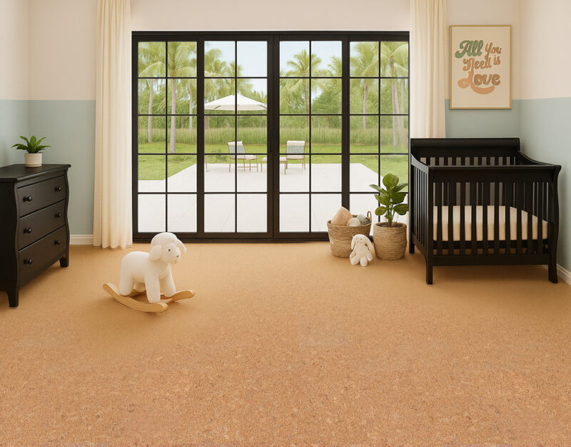 Nursery room with gentle décor and Autumn Leaves cork flooring 12mm, providing a soft and safe surface for children.