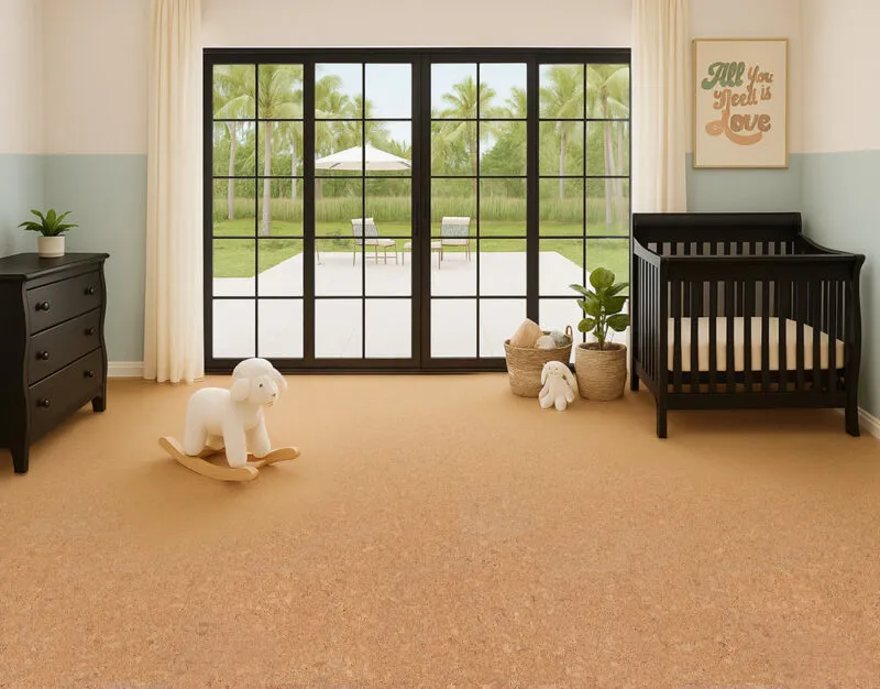 The Best Flooring for a Nursery: Why Cork Is a Smart, Safe Choice for Babies Nursery room with gentle décor and Autumn Leaves cork flooring 12mm, providing a soft and safe surface for children.