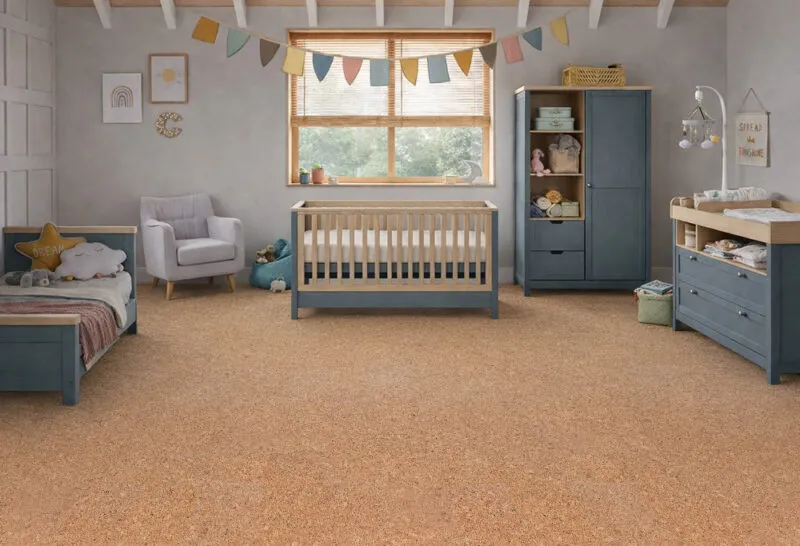 Autumn Leaves Natural cork flooring in a nursery providing quiet comfort and a non-toxic environment for babies.
