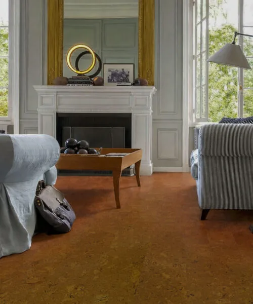 Autumn Ripple - 1/2" (12mm) - Cork Floating (FAR12) Autumn Ripple cork flooring in a contemporary living room with fireplace and minimalist furniture