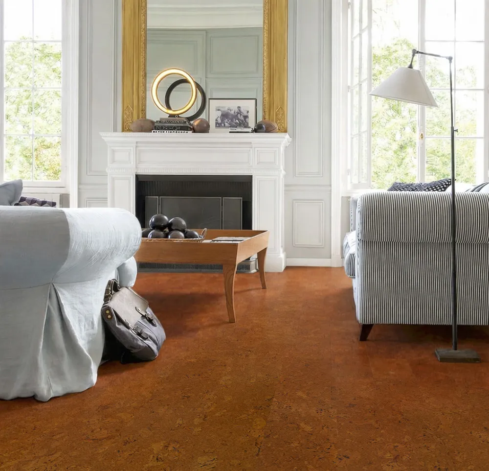 Autumn Ripple cork flooring in a contemporary living room with fireplace and minimalist furniture
