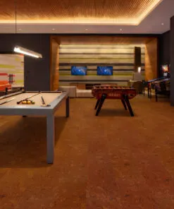Autumn Ripple cork flooring in a luxury game room with pool table, foosball table, and feature wall
