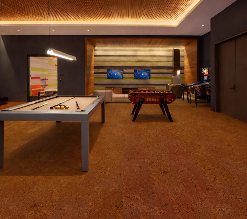 Autumn Ripple cork flooring in a luxury game room with pool table, foosball table, and feature wall
