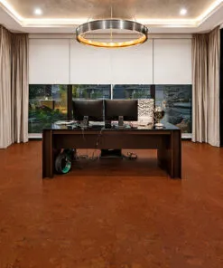 Autumn Ripple cork flooring in a modern home office with desk, glass walls, and ambient lighting