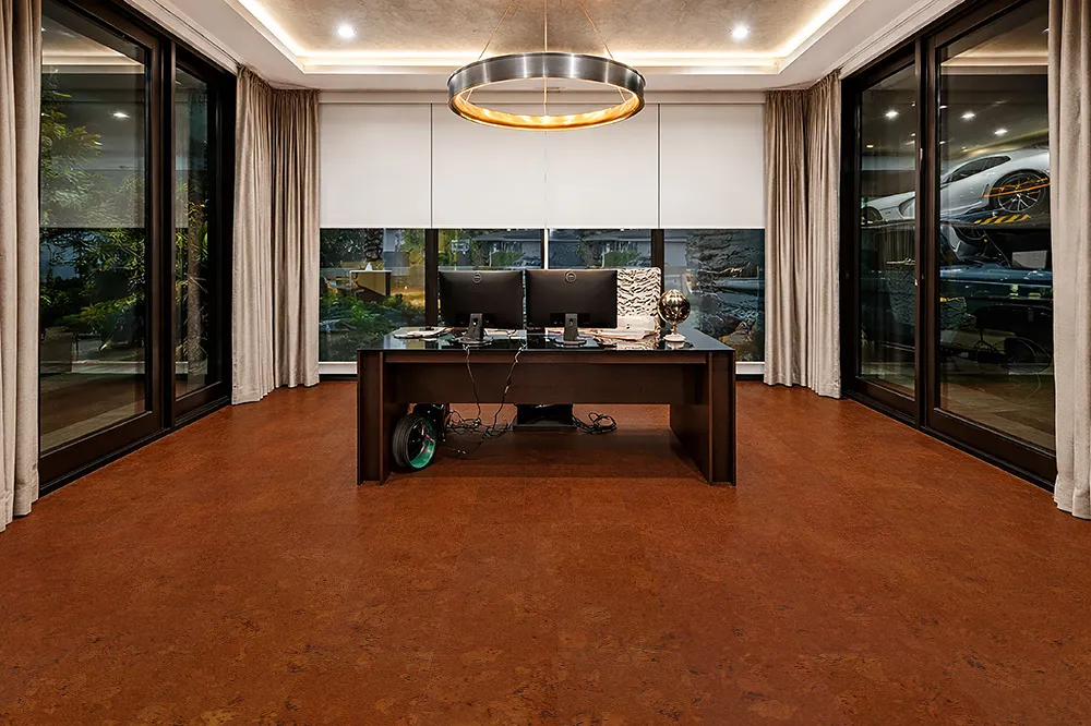Autumn Ripple cork flooring in a modern home office with desk, glass walls, and ambient lighting