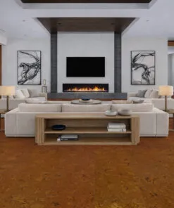 Autumn Ripple cork flooring in a classic living room with fireplace, soft seating, and warm natural tones