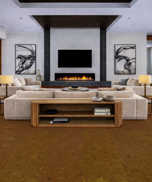 Autumn Ripple cork flooring in a classic living room with fireplace, soft seating, and warm natural tones