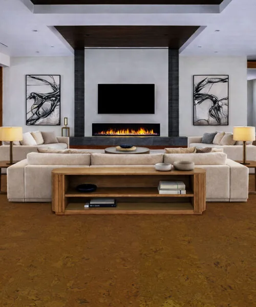 Autumn Ripple - 1/2" (12mm) - Cork Floating (FAR12) Autumn Ripple cork flooring in a classic living room with fireplace, soft seating, and warm natural tones