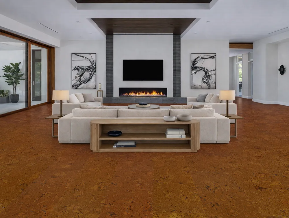 Autumn Ripple cork flooring in a classic living room with fireplace, soft seating, and warm natural tones