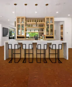 Autumn Ripple cork flooring in an open concept kitchen with island seating and modern cabinetry
