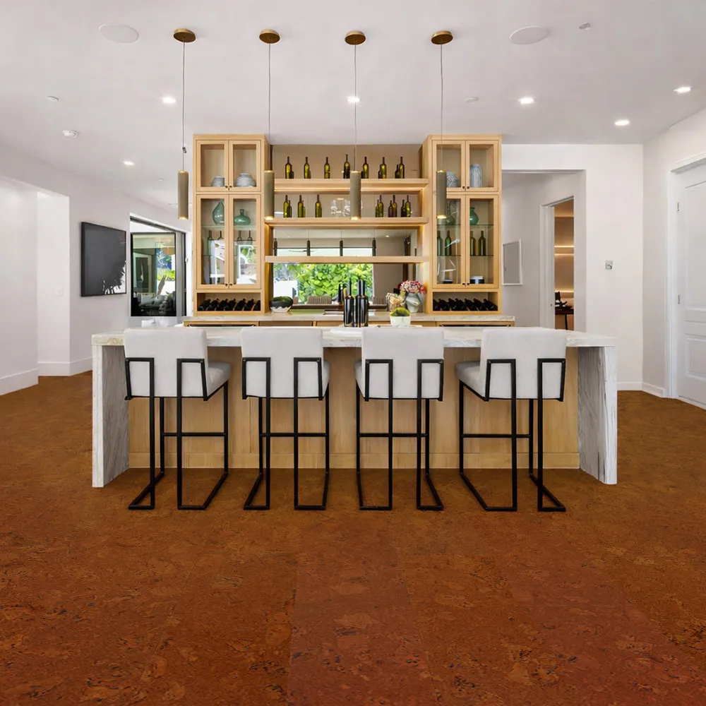 Autumn Ripple cork flooring in an open concept kitchen with island seating and modern cabinetry