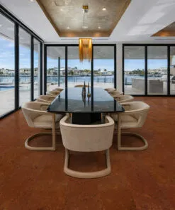 Autumn Ripple cork flooring in a dining room with large windows and waterfront views