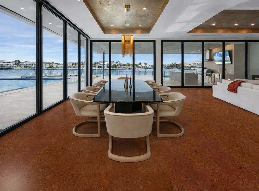 Autumn Ripple cork flooring in a dining room with large windows and waterfront views