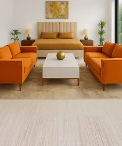 Vertical - 7/16" (11mm) - Swiss Real Cork Floating (FVtc11) Modern bedroom with warm orange furniture and Vertical Swiss cork flooring, creating a natural, cozy, and sound-absorbing surface perfect for relaxation