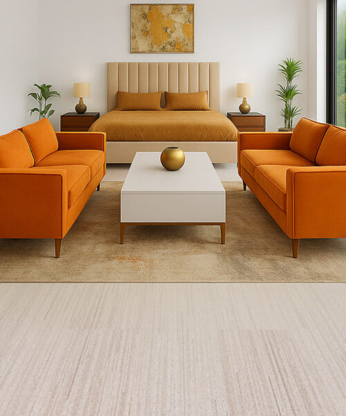 Vertical - 7/16" (11mm) - Swiss Real Cork Floating (FVtc11) Modern bedroom with warm orange furniture and Vertical Swiss cork flooring, creating a natural, cozy, and sound-absorbing surface perfect for relaxation