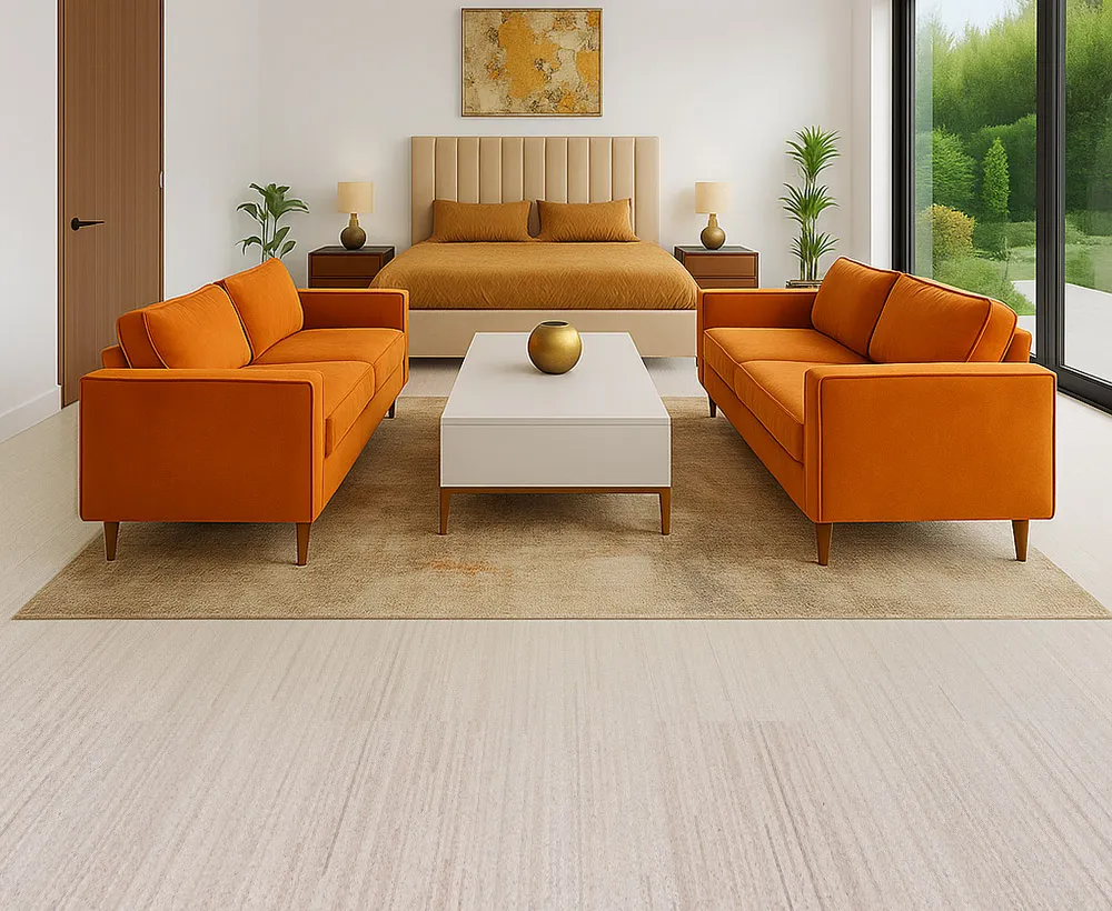 Vertical - 7/16" (11mm) - Swiss Real Cork Floating (FVtc11) Modern bedroom with warm orange furniture and Vertical Swiss cork flooring, creating a natural, cozy, and sound-absorbing surface perfect for relaxation