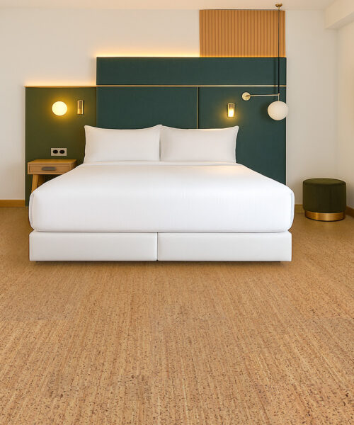 Stylish bedroom with Berber cork flooring and soft lighting—quiet, comfortable, and ideal for restful, healthy living.