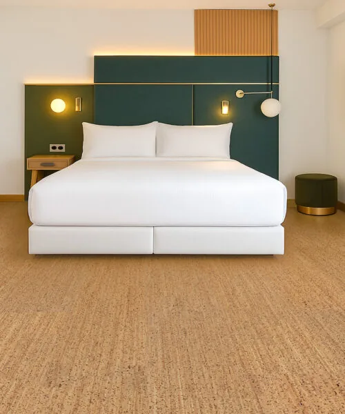 Berber - 1/2" (12mm) - Cork Floating (FBer12) Stylish bedroom with Berber cork flooring and soft lighting—quiet, comfortable, and ideal for restful, healthy living.