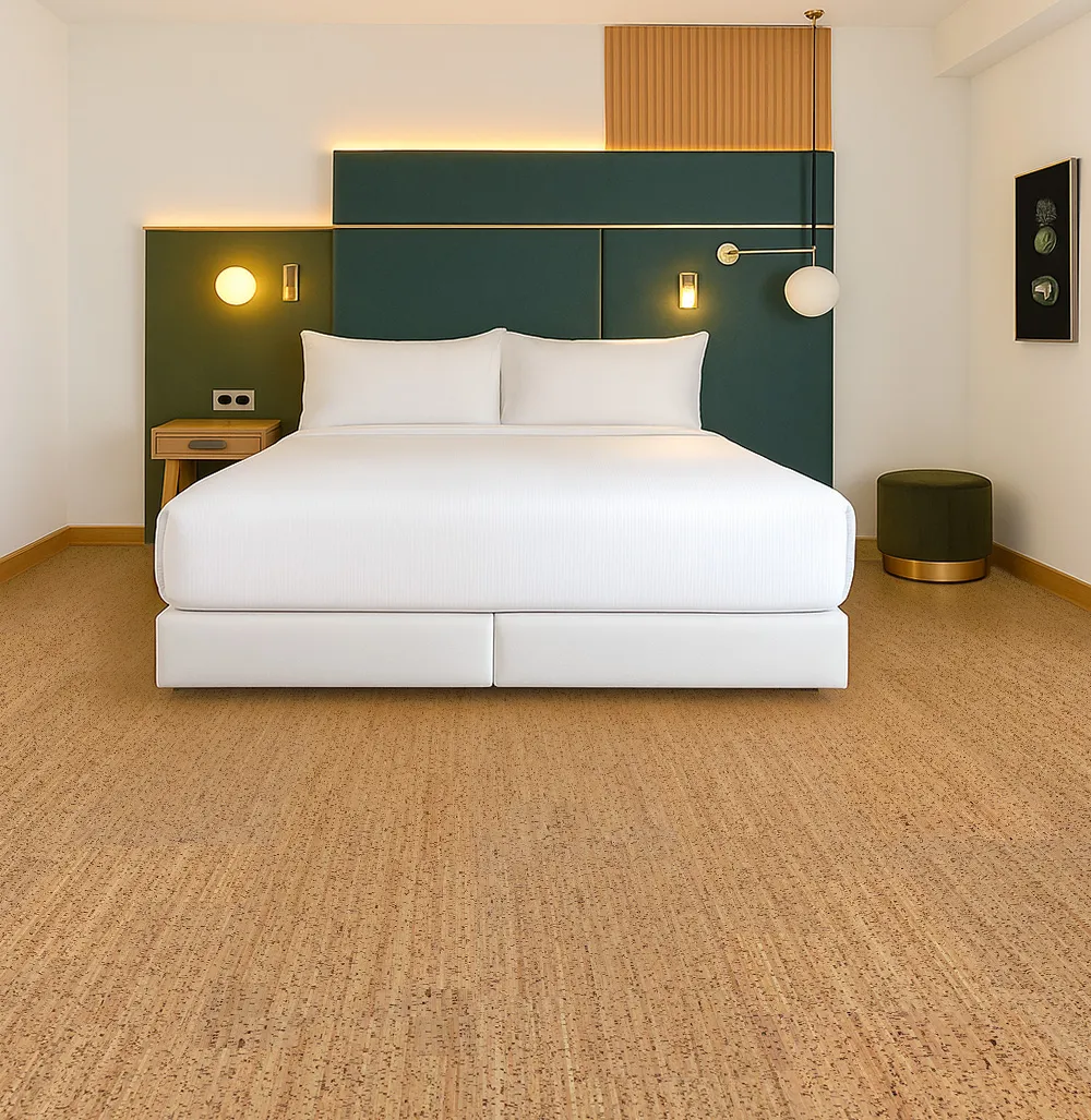 Stylish bedroom with Berber cork flooring and soft lighting—quiet, comfortable, and ideal for restful, healthy living.