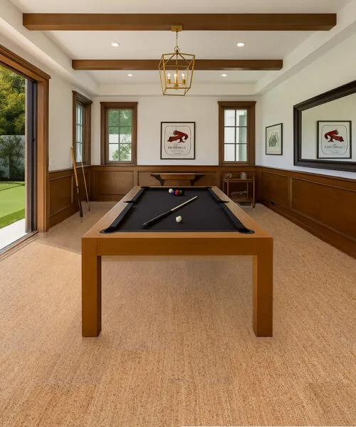 Berber - 1/2" (12mm) - Cork Floating (FBer12) Classic game room featuring Berber cork flooring and a pool table—quiet, resilient surface that enhances home entertainment spaces.