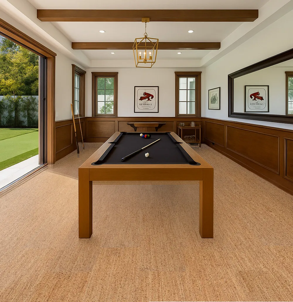 Classic game room featuring Berber cork flooring and a pool table—quiet, resilient surface that enhances home entertainment spaces.