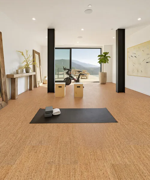 Spacious home gym with Berber cork flooring—eco-friendly surface providing comfort, grip, and natural insulation during workouts
