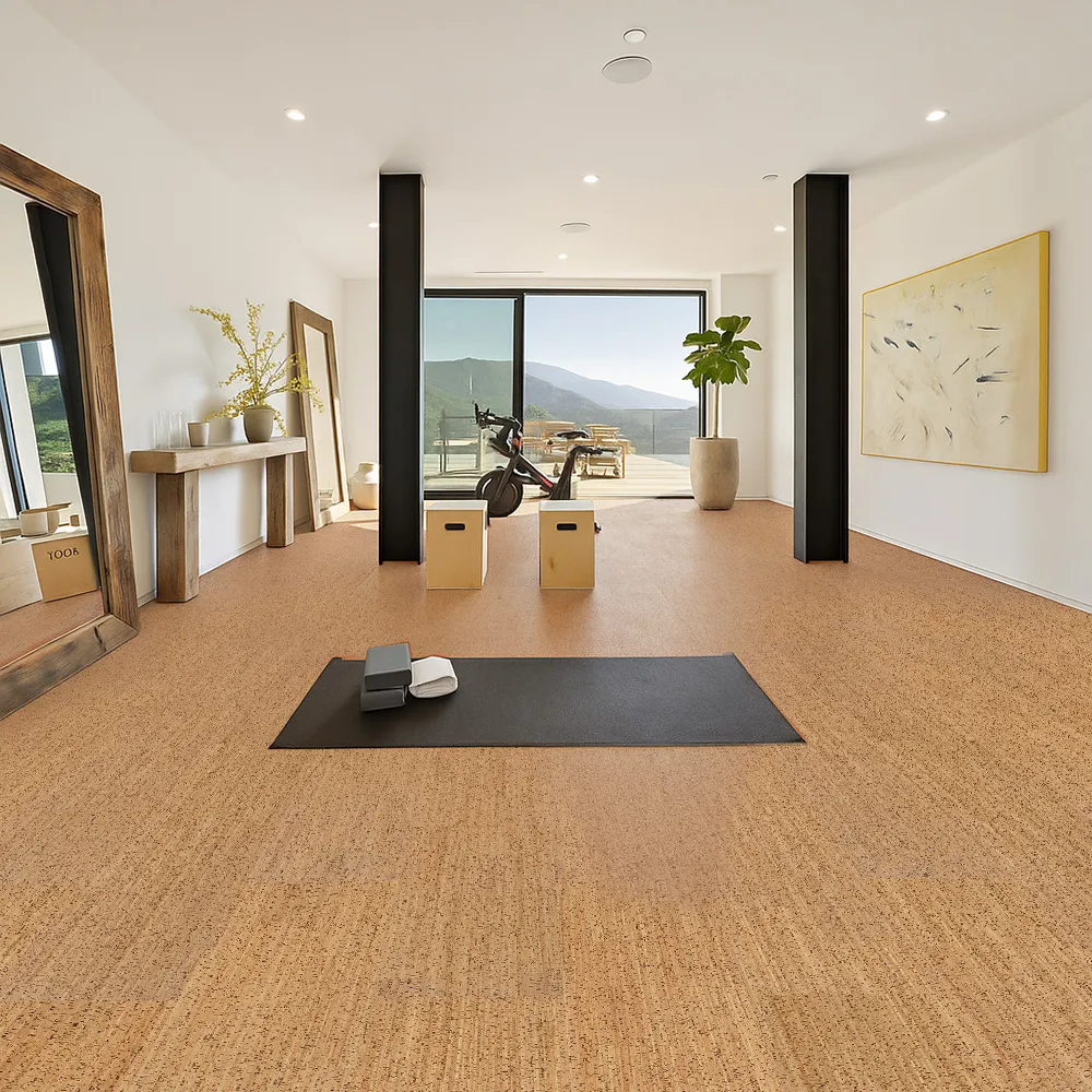 Spacious home gym with Berber cork flooring—eco-friendly surface providing comfort, grip, and natural insulation during workouts