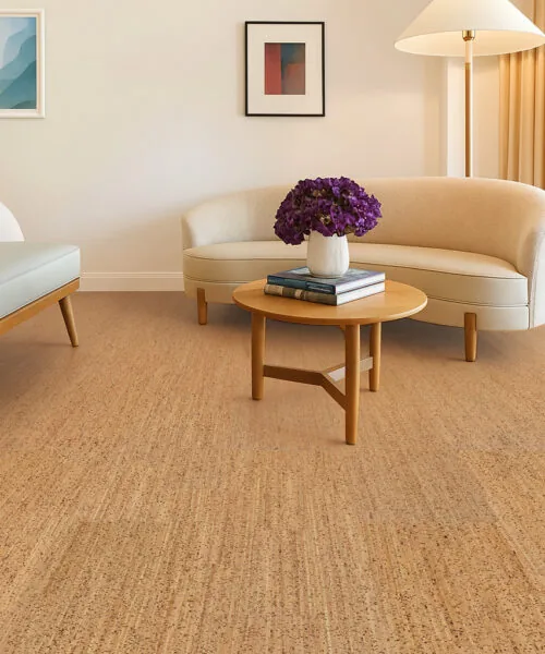 Berber - 1/2" (12mm) - Cork Floating (FBer12) Modern living room with neutral décor and Berber cork flooring—adds warmth, comfort, and sustainable elegance to the space