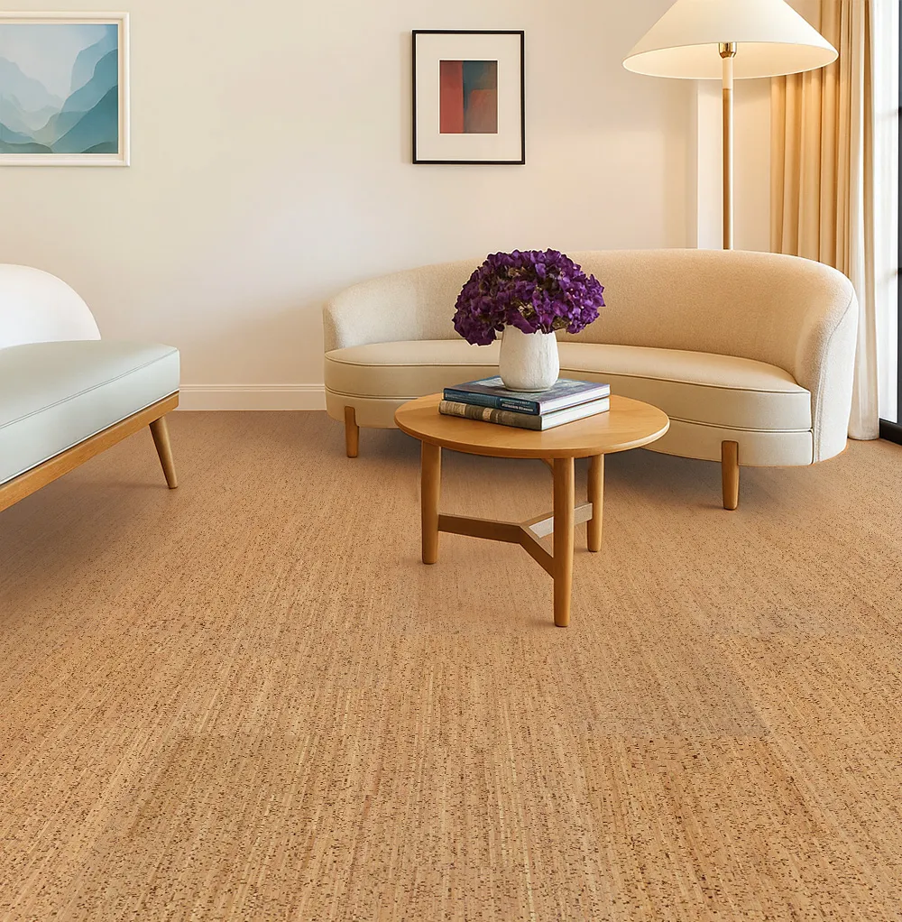Modern living room with neutral décor and Berber cork flooring—adds warmth, comfort, and sustainable elegance to the space