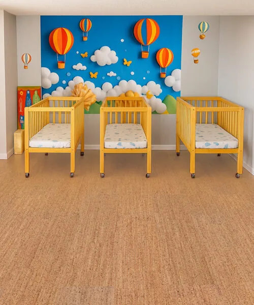 Berber - 1/2" (12mm) - Cork Floating (FBer12) Natural Berber cork flooring in a bright nursery with yellow cribs and colorful hot air balloon wall—safe, non-toxic, and warm underfoot for babies
