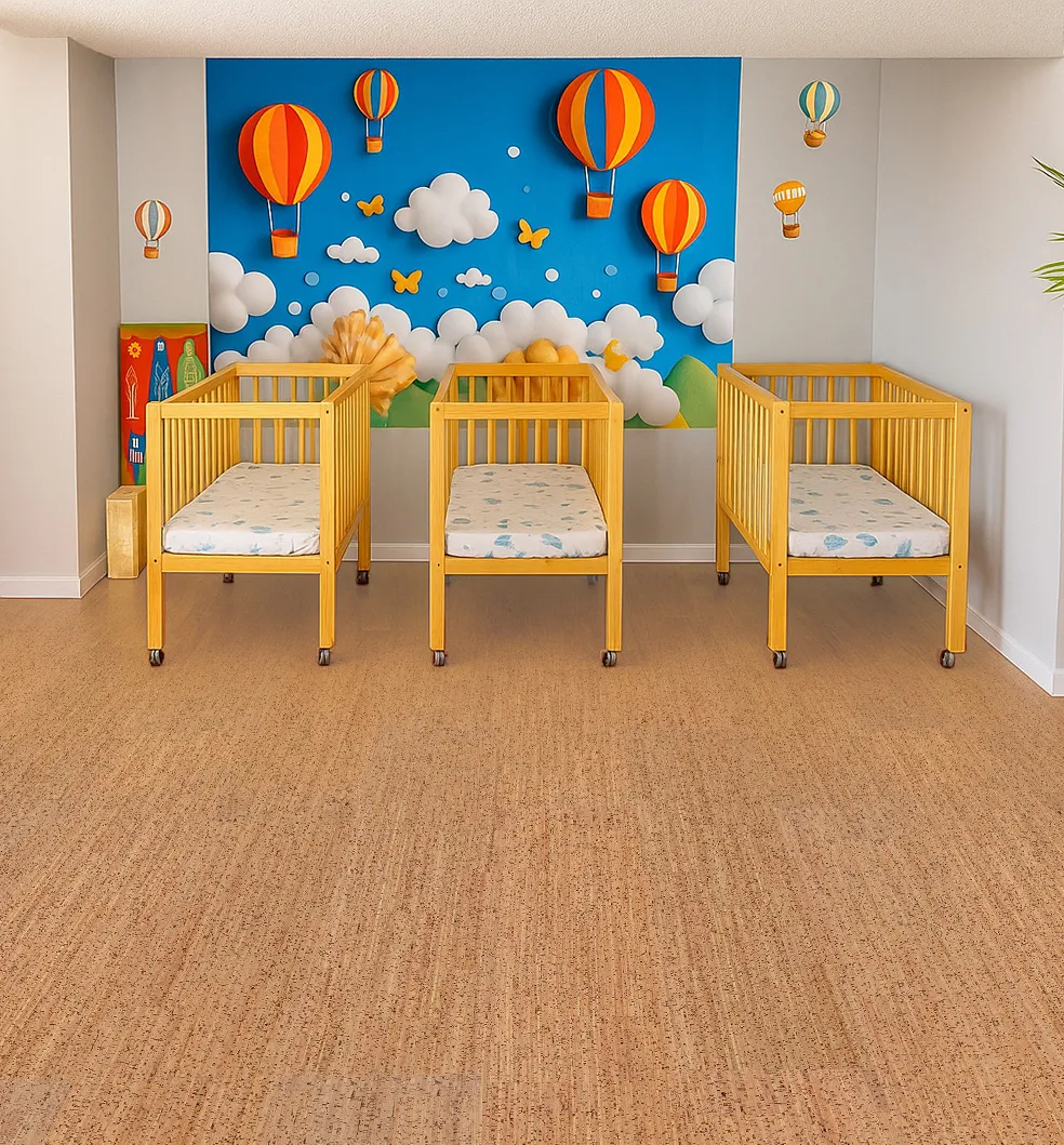 Natural Berber cork flooring in a bright nursery with yellow cribs and colorful hot air balloon wall—safe, non-toxic, and warm underfoot for babies