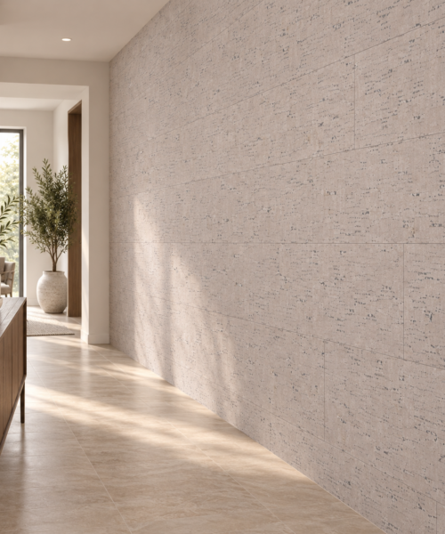 Bleached Birch glue-down cork tiles in a welcoming entry hall — wall application visualization